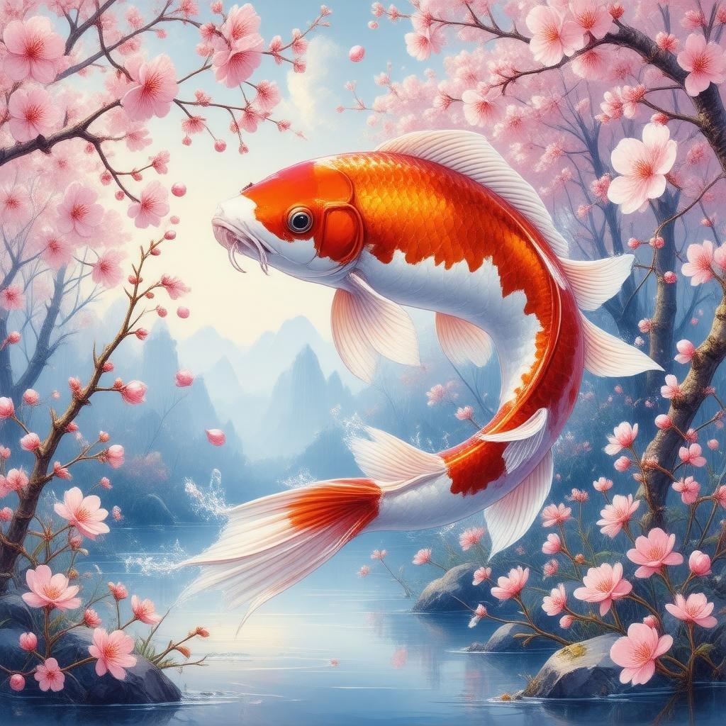 A magical scene featuring an anime-style koi fish amidst a beautiful spring landscape filled with blooming cherry blossoms. The vibrant pink and white petals enchant the viewer, while the tranquil blue sky forms the backdrop of this serene forest.