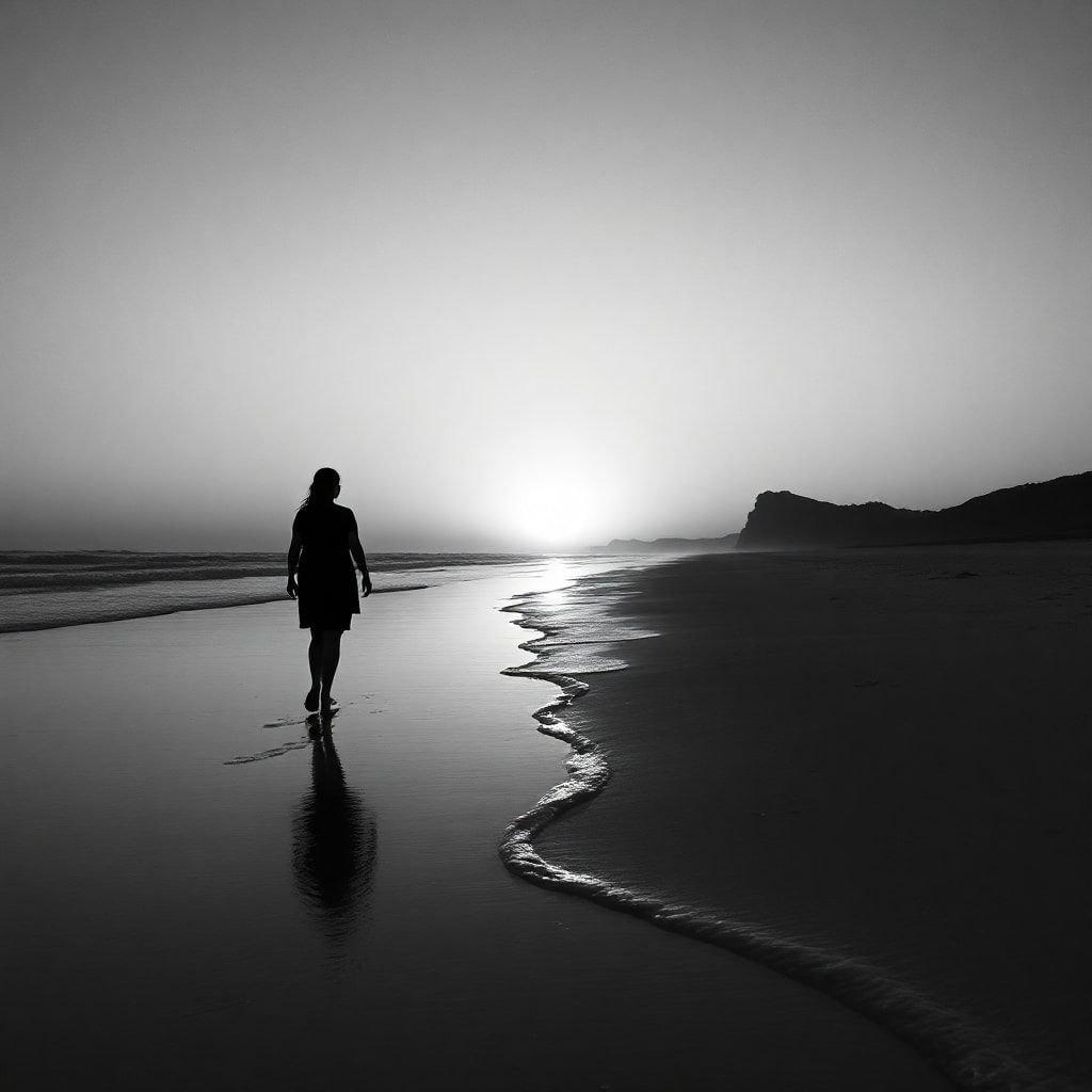 Uma mulher faz uma caminhada tranquila na praia enquanto o sol se põe atrás dela, criando uma cena deslumbrante de beleza natural.