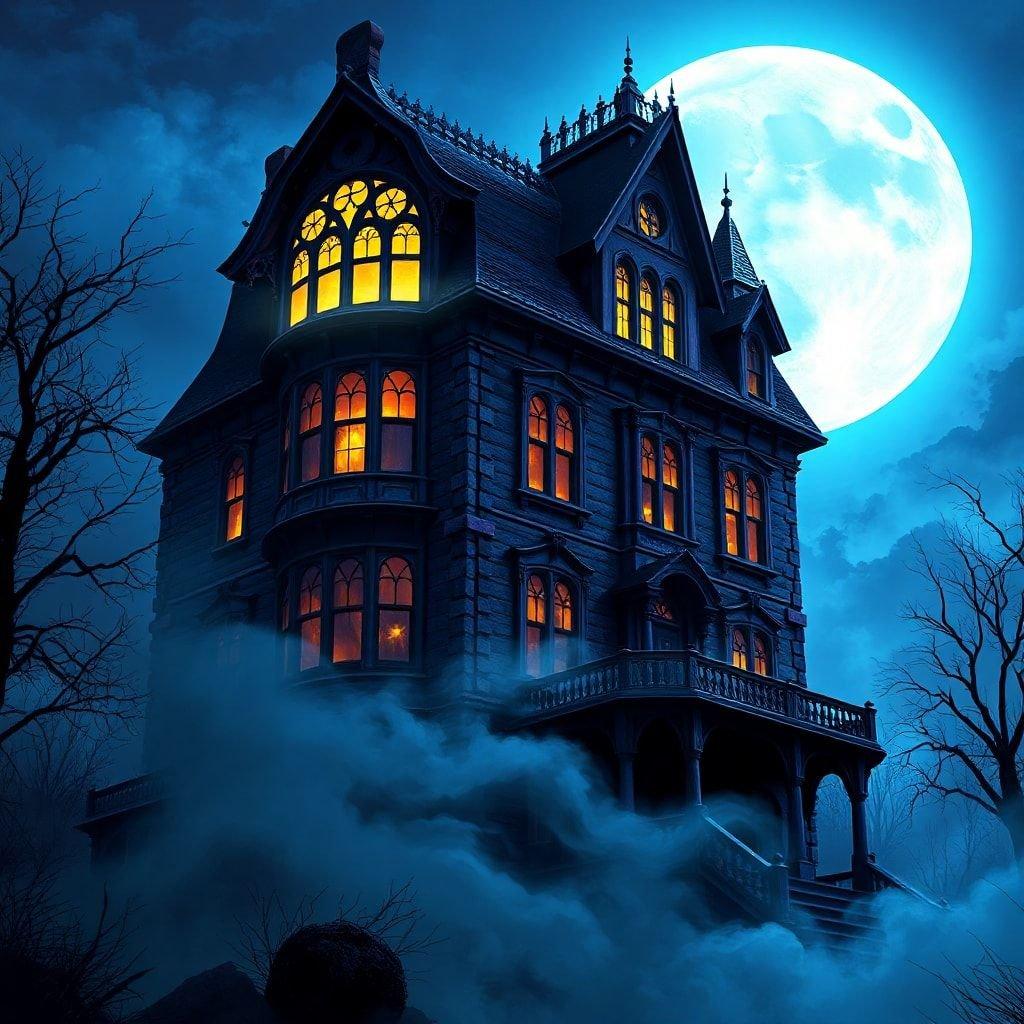 A mysterious, towering gothic mansion with lit windows against a full moon sky, evoking the chilling atmosphere of a classic horror story.