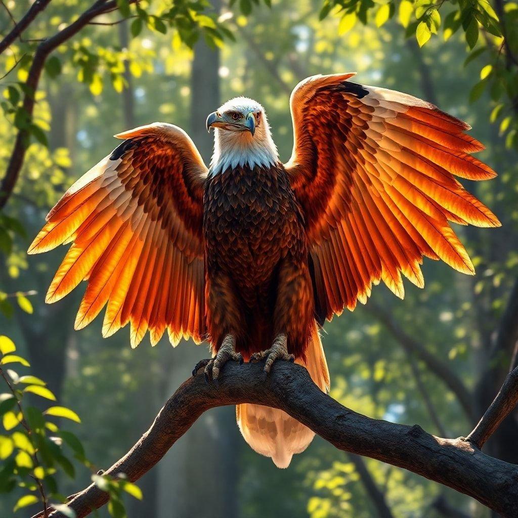 This stunning wallpaper features an eagle perched on a tree branch, showcasing its majestic beauty and strength. The eagle's sharp talons grip the branch, while its wings are spread wide, revealing their impressive span. The background is a blurred forest, with dappled sunlight filtering through the leaves, creating a sense of depth and texture. The overall effect is one of power and freedom, making this image a great choice for anyone who loves nature and wildlife.