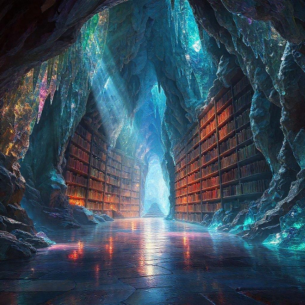 Découvrez la bibliothèque mystique cachée dans une grotte d'un autre monde, où d'anciens tomes veillent. Un mélange fantastique de connaissances et d'aventures vous attend.