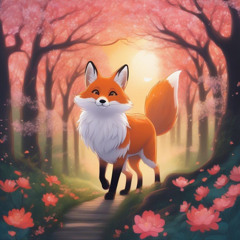 Cette image dépeint une scène sereine d'un univers fantastique d'anime. Un esprit renard, avec son pelage orange distinctif et ses yeux blancs, est orné d'un chapeau rouge et d'une écharpe rose, se promenant dans une forêt en fleurs de cerisiers au crépuscule. Les couleurs vibrantes des fleurs contrastent magnifiquement avec les tons plus sombres de la forêt, créant une atmosphère de tranquillité et d'enchantement caractéristique des illustrations d'anime de haute qualité.