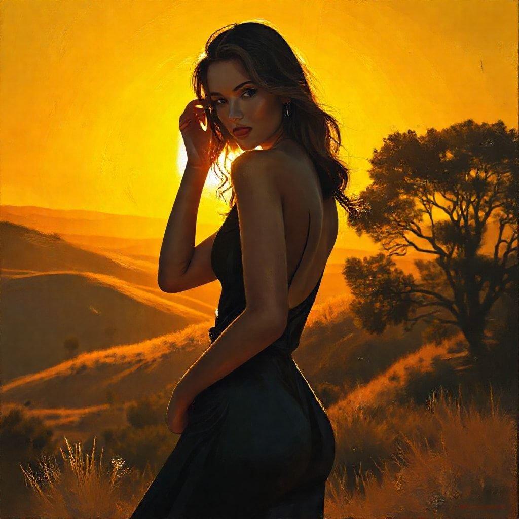 A model exudes confidence in a stylish black dress, captured against the backdrop of a breathtaking sunset.