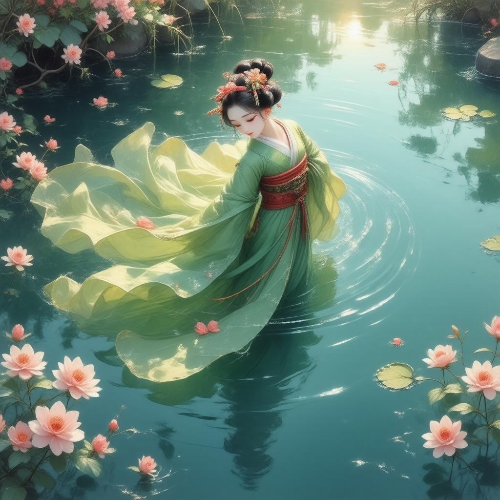 Step into a serene world where beauty meets tranquility. Watch as an animated geisha, adorned in vibrant green and yellow feathers, floats effortlessly over the water's surface, her delicate movements creating gentle ripples beneath her. The pond itself is nestled among lush foliage, with white and pink flowers blooming around its edge, adding a touch of whimsy to this idyllic scene.