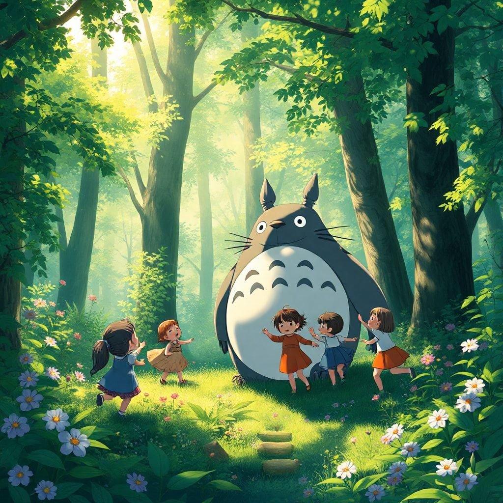 In this enchanting scene, Totoro and his friends are enjoying a sunny day in the forest. The soft light filtering through the trees creates a warm and inviting atmosphere, perfect for a relaxing afternoon in nature. With their bright colors and playful expressions, Totoro and his friends bring joy and wonder to this serene setting.