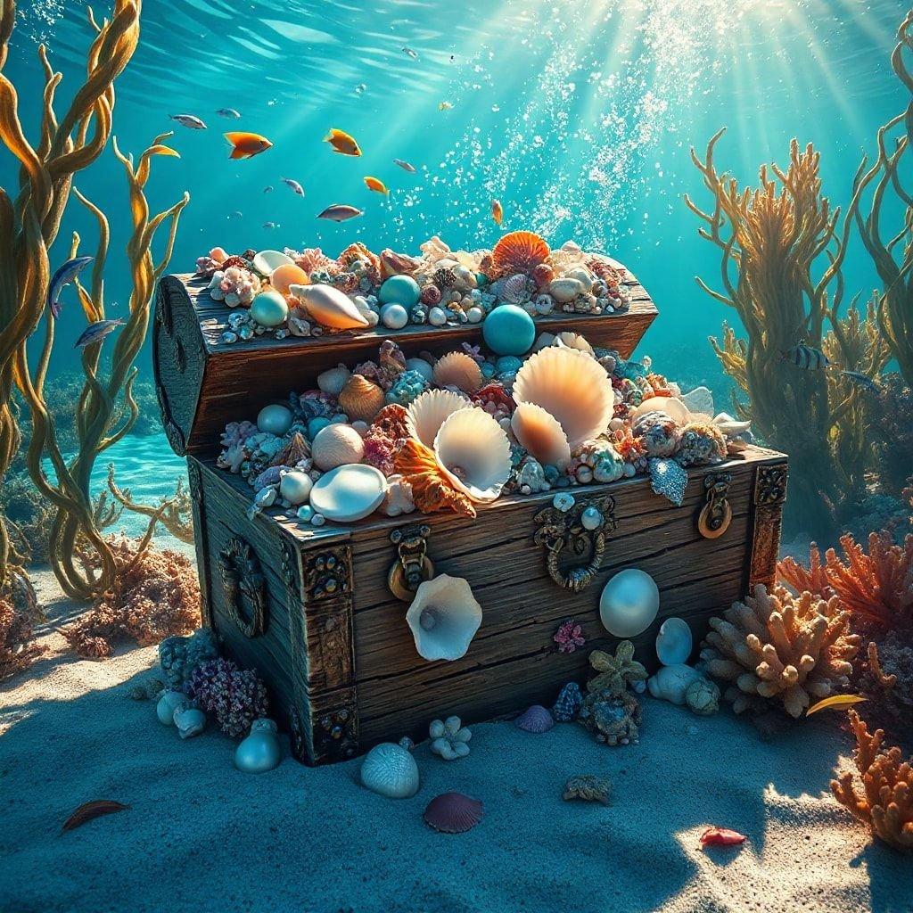 Sunlit undersea treasure chest amidst coral reef, teeming with colorful marine life and gem-like seashells and pearls, inviting oceanic adventure wallpaper for desktop and mobile devices.