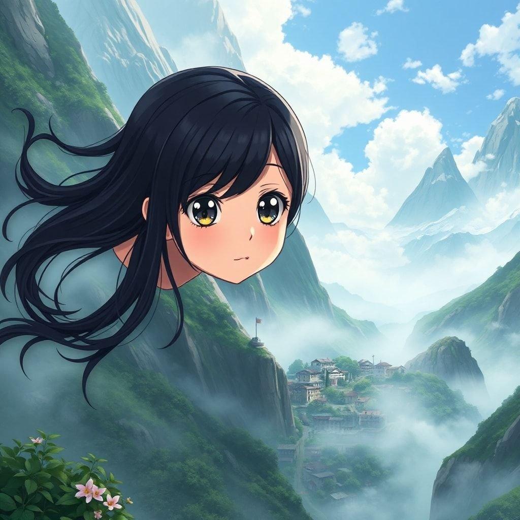 This captivating anime illustration features a young girl with long black hair, floating above the ground, her gaze fixed on the viewer. The background is a misty mountain village, with towering mountains and lush greenery, creating a sense of wonder and intrigue.