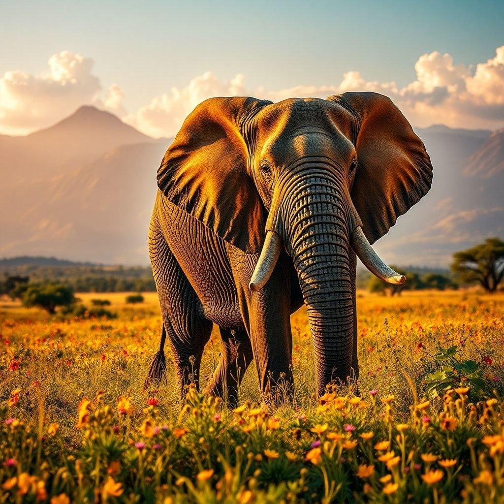 A majestic elephant strolls across a vibrant field at sunset, surrounded by the tranquil beauty of Africa's savannah.