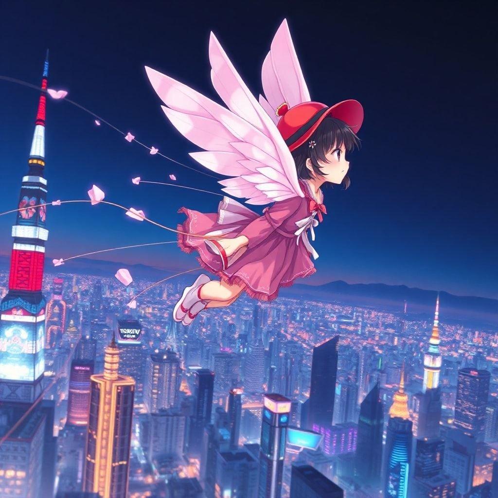 Ce magnifique fond d'écran anime présente une jeune fille avec des ailes de cerisier s'élevant au-dessus d'une skyline futuriste de Tokyo, créant une scène captivante et dynamique.