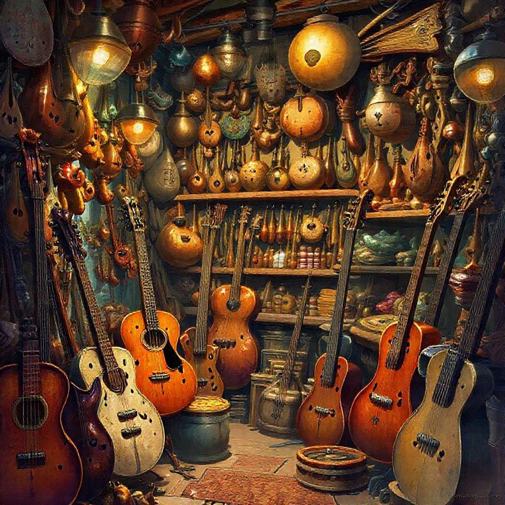 Craftsman's cozy shop filled with an array of string instruments, from guitars to lutes.