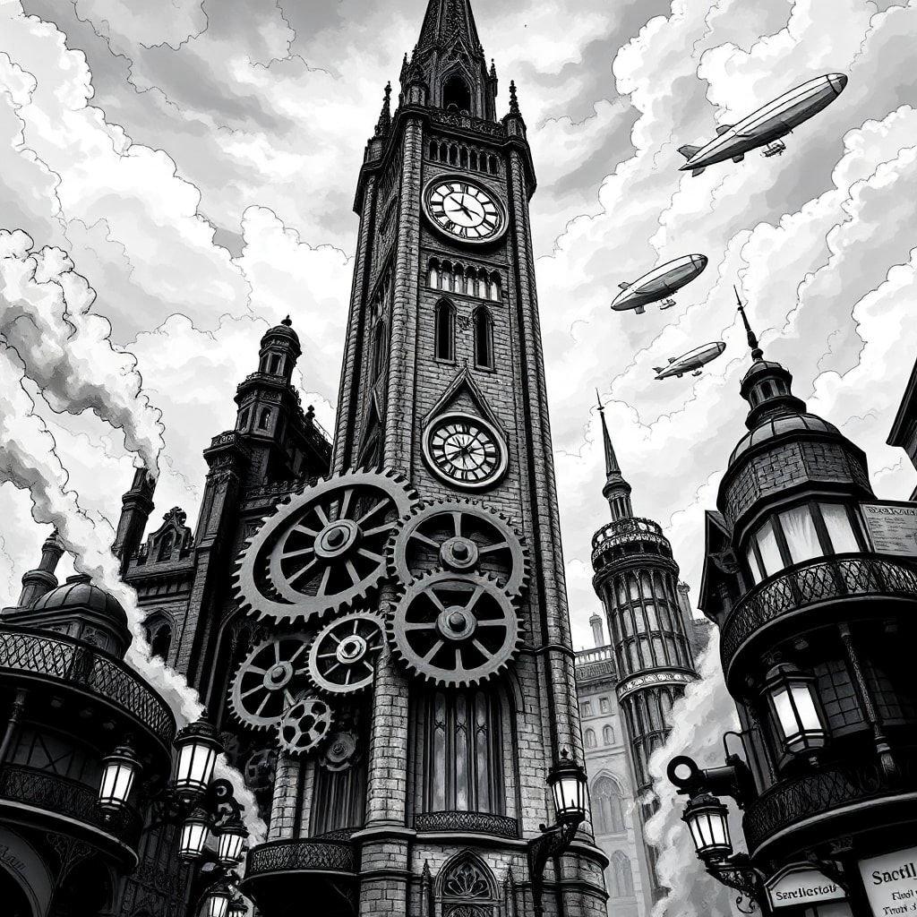 Şaşırtıcı ve steampunk unsurlarıyla dolu hareketli bir Londra'nın sanatsal tasviri.