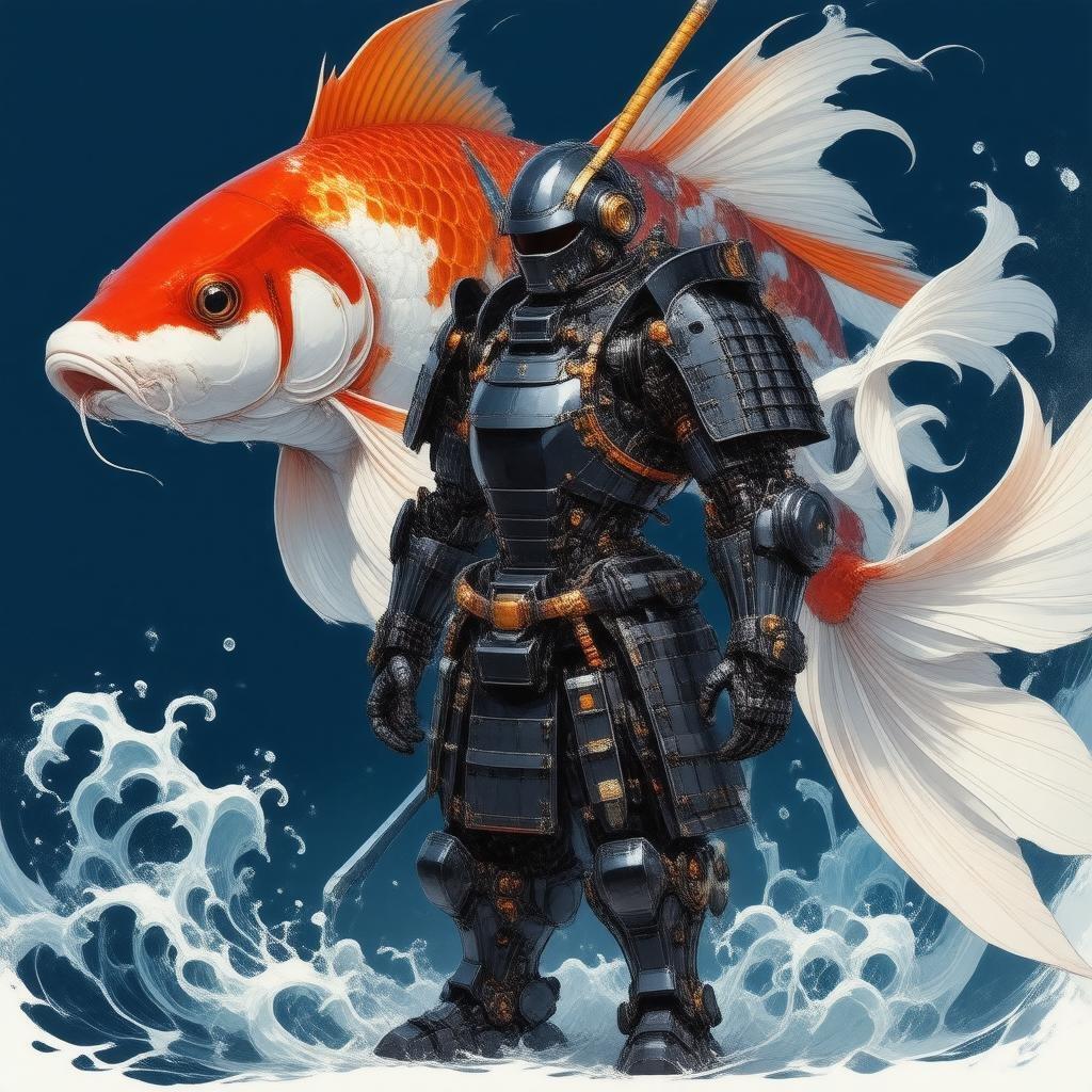 Nesta cena fantástica, um samurai robótico está posicionado e confiante. A forma elegante e prateada do samurai contrasta com os serenos peixes koi nadando à sua frente, criando um momento de companhia inesperada. O fundo azul profundo adiciona um toque de mistério, insinuando uma história além do que vemos.