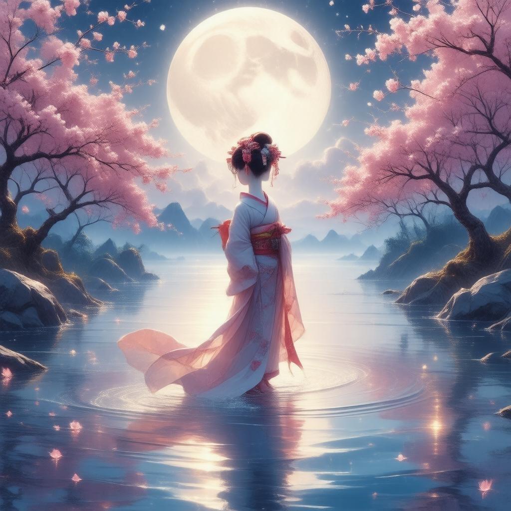 Immerse yourself in the enchanting world of anime with this captivating wallpaper featuring a geisha floating on a river of light, surrounded by cherry blossom trees and a vibrant sky, all illuminated by the radiant glow of the moon.