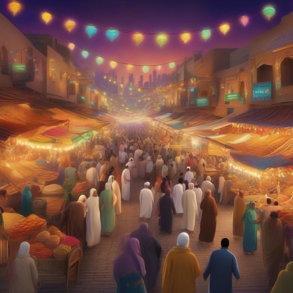 Erleben Sie die lebendige Atmosphäre eines Ramadan-Basars mit diesem atemberaubenden Hintergrundbild. Das Bild fängt das Wesen des heiligen Monats ein, mit einem geschäftigen Marktplatz voller Menschen aus allen Lebensbereichen. Das warme Licht der Laternen und die lebhaften Farben der Dekorationen schaffen ein Gefühl von Aufregung und Freude, was dieses Hintergrundbild perfekt für jeden macht, der seinem Gerät einen Hauch von Ramadan-Magie verleihen möchte.