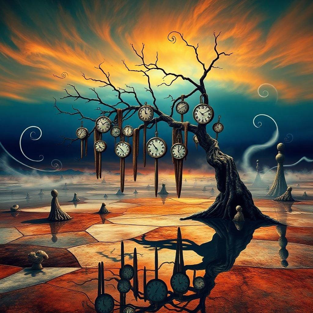 An artistic illustration that combines the beauty of nature with the passage of time, symbolized by clocks hanging from a tree. A surreal and whimsical piece for your desktop or mobile wallpaper.