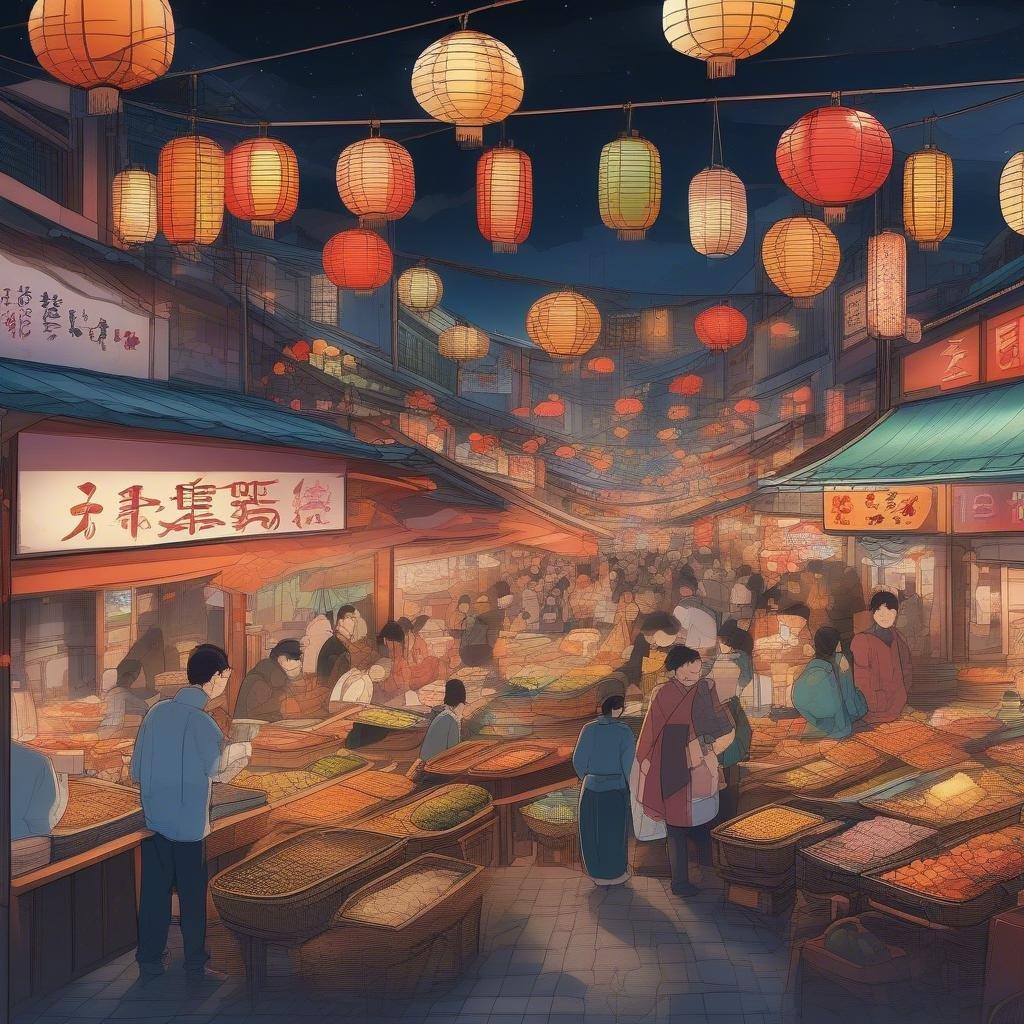 Tauchen Sie ein in die lebendige Welt des Anime mit diesem atemberaubenden Wallpaper, das einen geschäftigen japanischen Straßenmarkt bei Nacht zeigt. Die bunten Stände und dampfenden Gerichte werden in einem gitterartigen Muster lebendig und fangen die lebhafte Atmosphäre der traditionellen japanischen Küche und modernen Kunst ein.