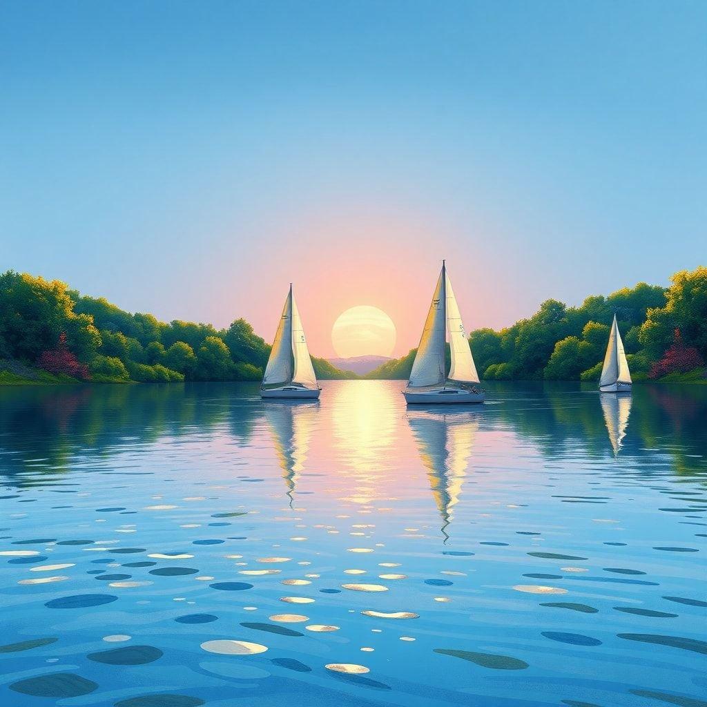 A serene view of boats gently floating on a lake, with the sun rising from behind the trees.