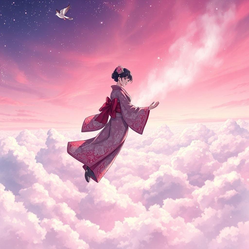 This stunning anime illustration features a geisha floating above the clouds, her kimono and obi shimmering with stardust. The sky is painted with vibrant pink and purple hues, adding to the ethereal atmosphere. A small bird flies in the upper left corner, completing the serene scene.