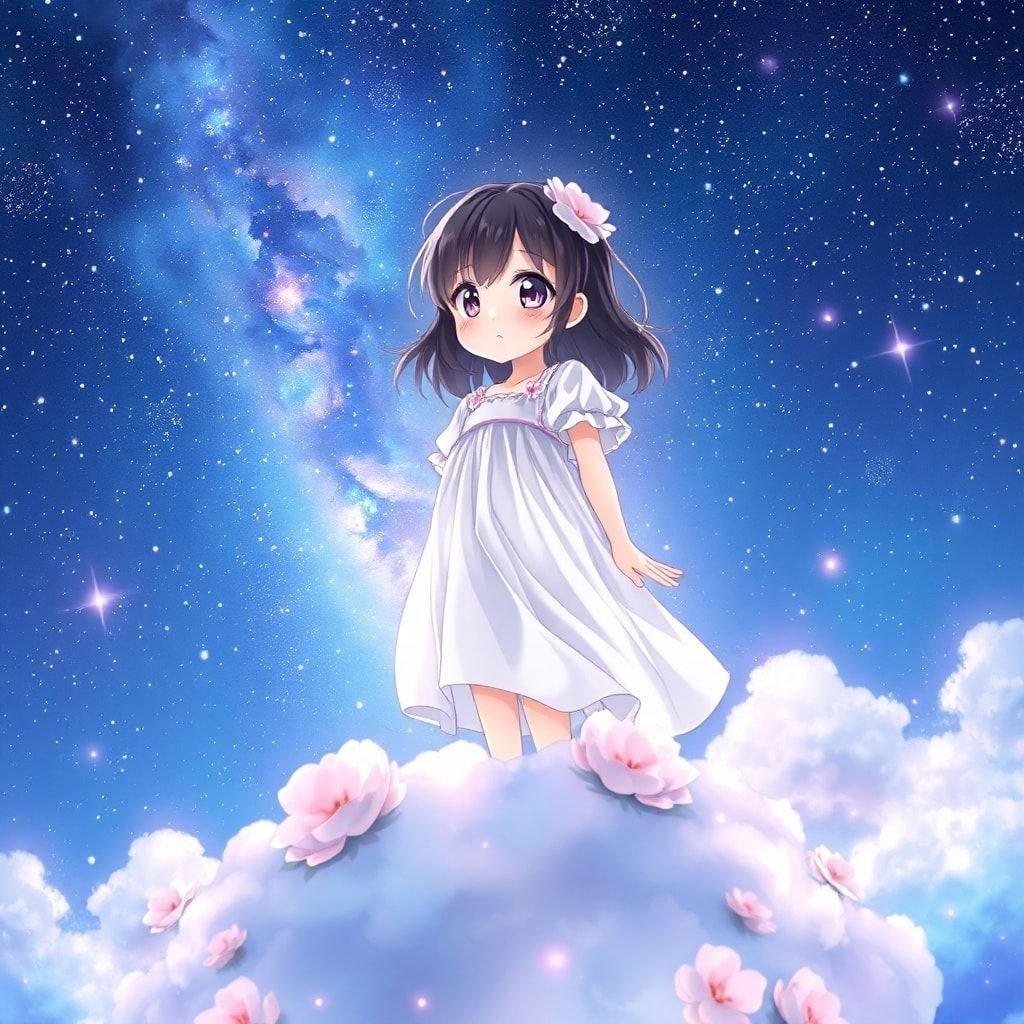 Ein schönes Anime-Mädchen steht in einem sternenklaren Nachthimmel, umgeben von rosa Blumen und einem weißen Kleid. Das Bild vermittelt ein Gefühl von Verzauberung und Ehrfurcht, mit lebendigen Farben und einem Hauch von Fantasie.