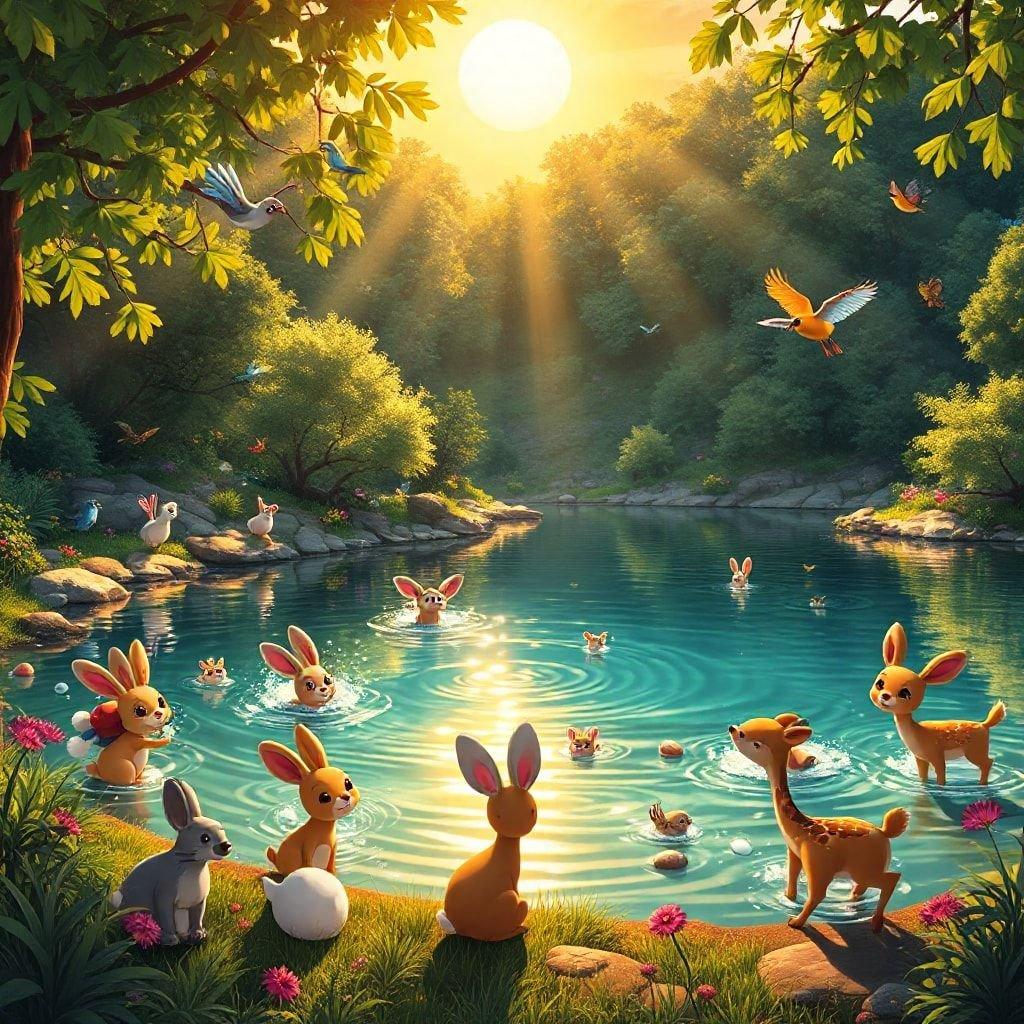 Join these cute cartoon animals in this cheerful scene as they enjoy a sunny day by the water.