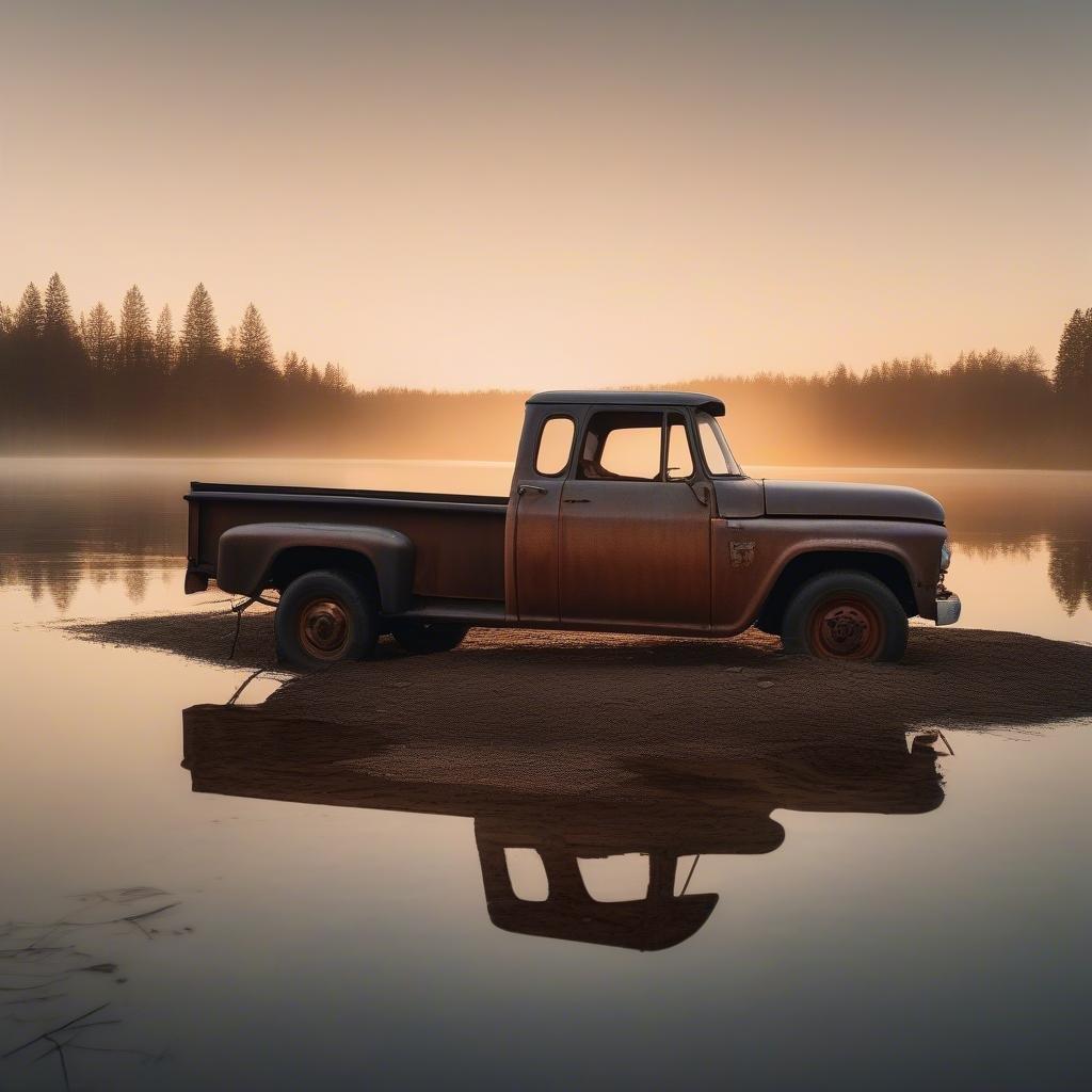 This old truck, with its brown hue and distinct vintage style, brings a sense of nostalgia to any desktop or mobile screen. The serene setting beside the lake at sunset adds an extra touch of tranquility.