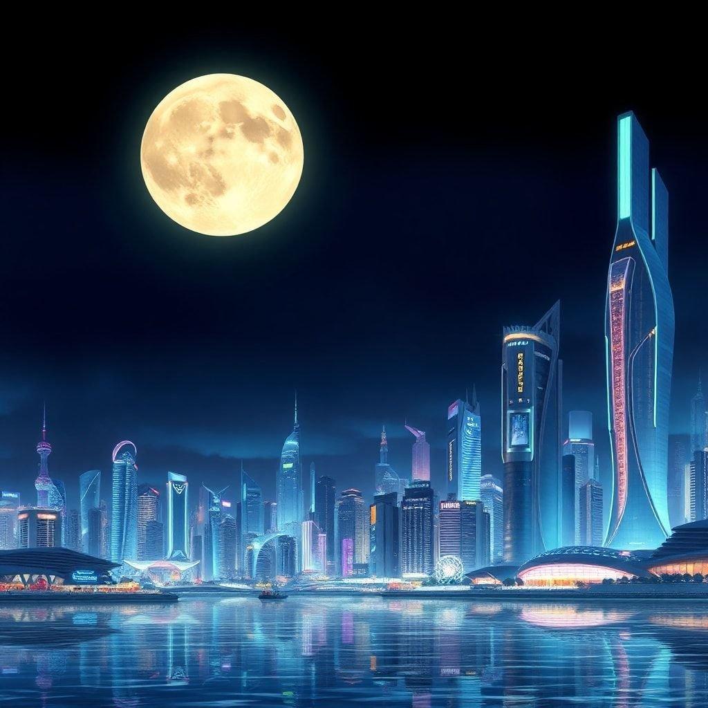 A stunning anime-inspired wallpaper featuring a futuristic cityscape at dusk, with a large glowing moon and a bustling metropolis reflecting off the water below.