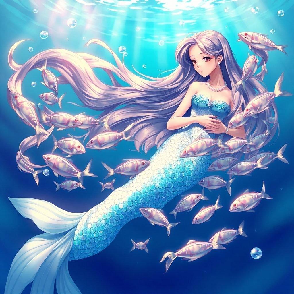 Sumérgete en el encantador mundo del anime con este impresionante fondo de pantalla de sirena. La suave sirena abrazando un banco de peces brillantes crea una escena armoniosa, mientras que los intrincados detalles de su atuendo y el cabello de la sirena añaden profundidad y belleza.