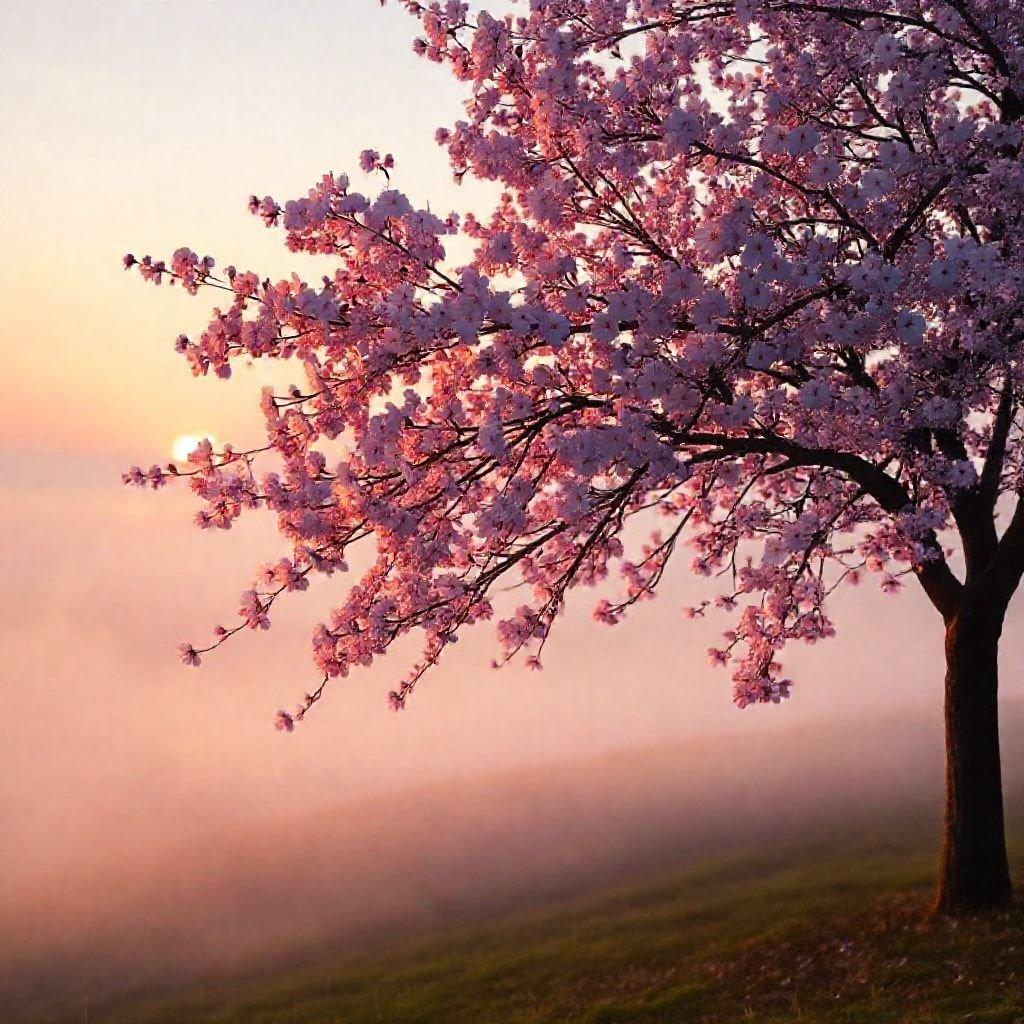 Um amanhecer pitoresco sobre um campo de cerejeiras em flor, criando uma atmosfera serena e tranquila.