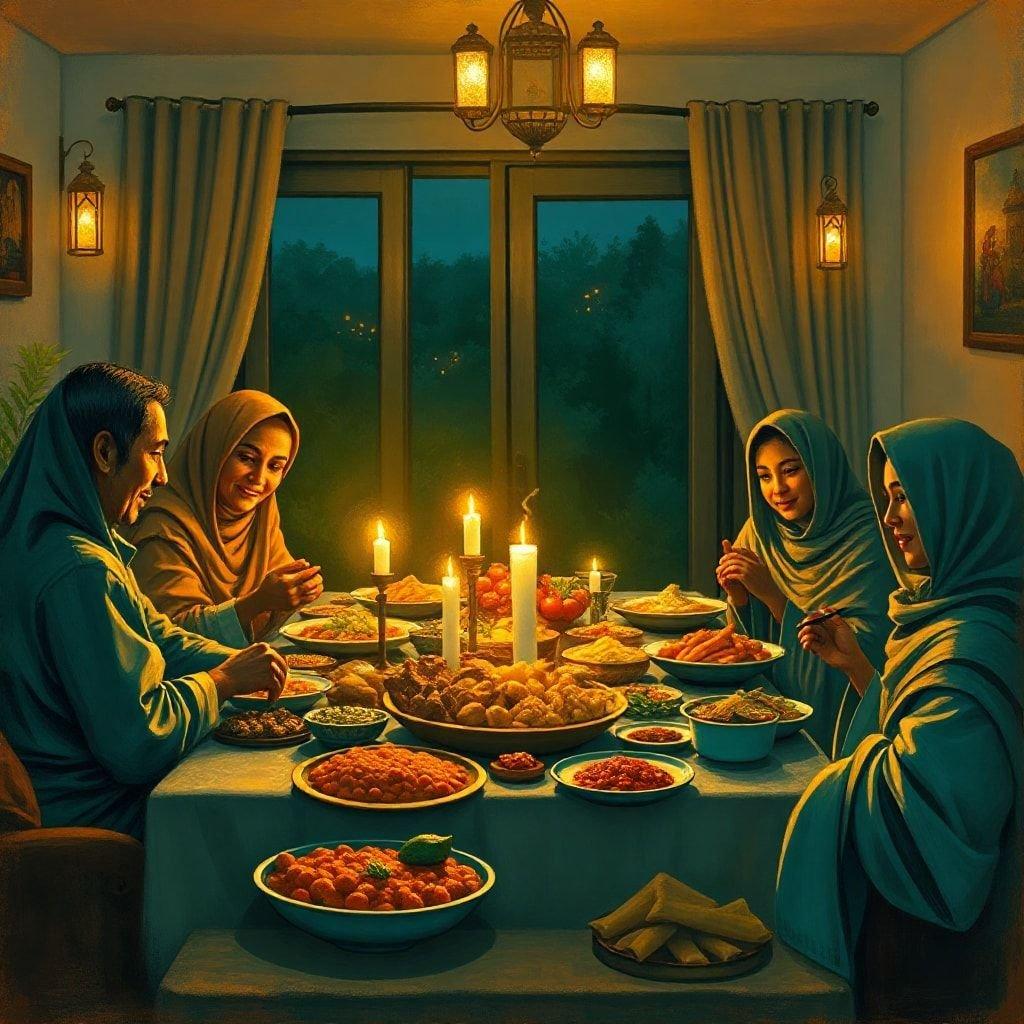 A family enjoying a warm meal together during Ramadan. The table is set with traditional dishes, creating an atmosphere of festive togetherness.