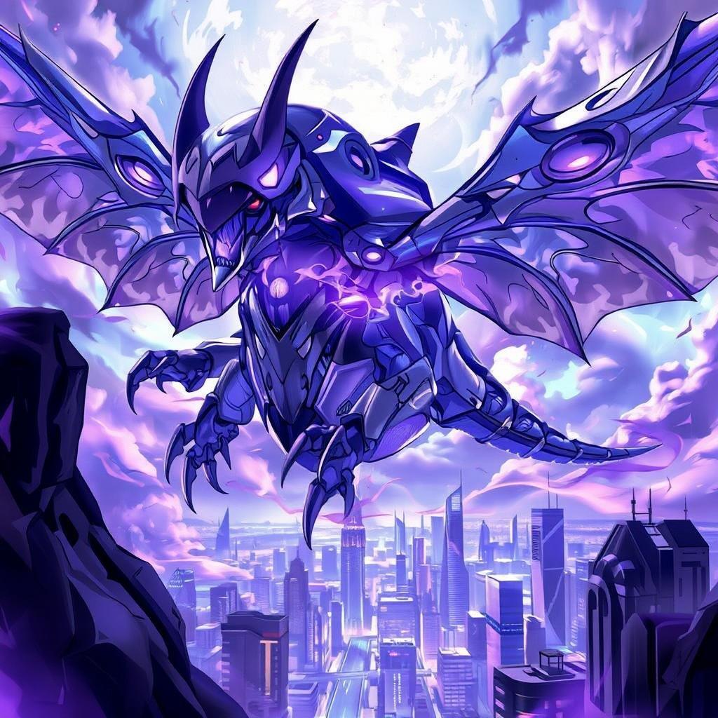 This anime-style illustration features a robotic creature with a dragonfly-like body and wings, flying above a futuristic cityscape. The creature's intricate patterns and sharp claws capture a sense of motion, while the skyline below adds depth. The scene is awash in blues and purples, with a hint of anime style.