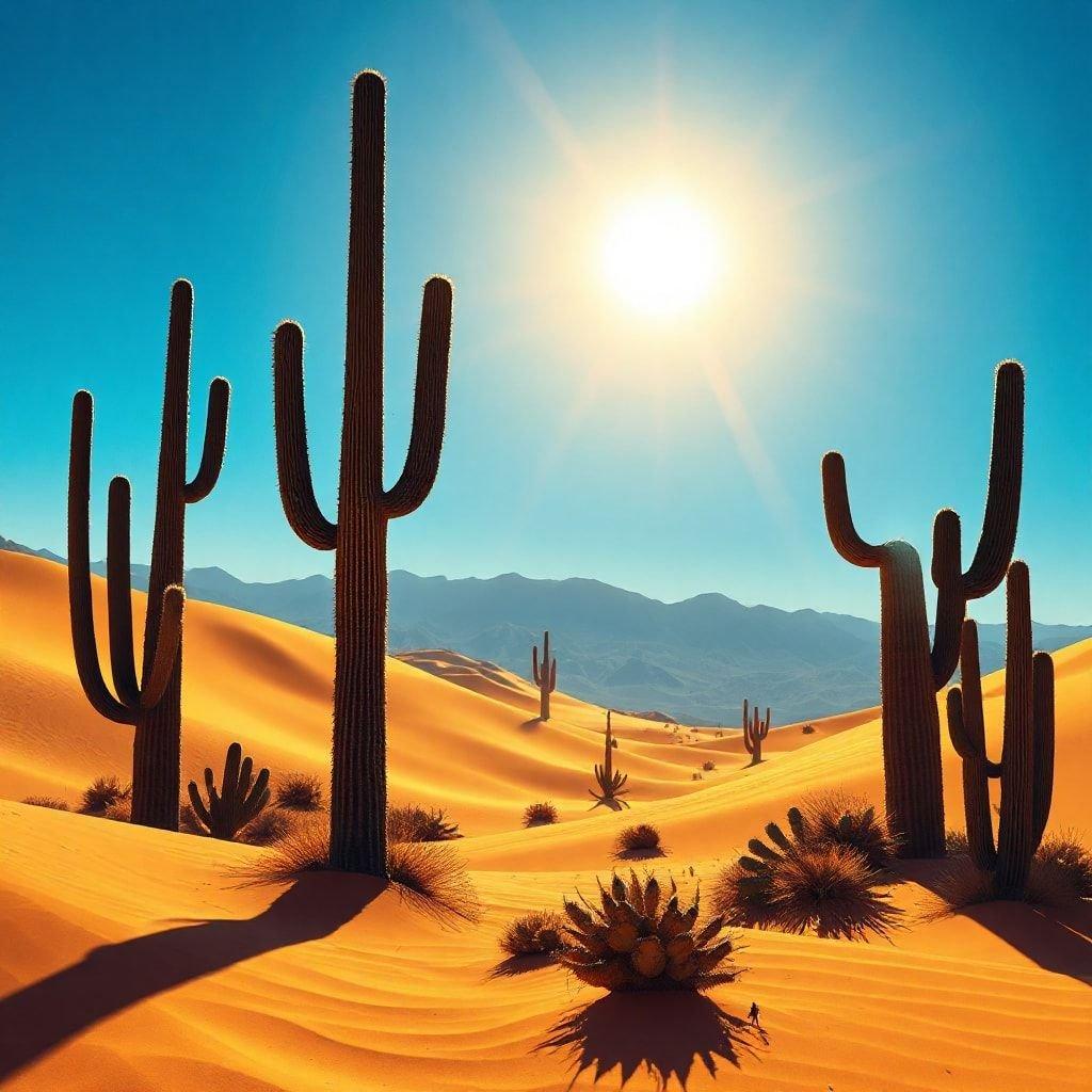 This vibrant scene captures the raw beauty of the desert. Cacti stand tall against the clear blue sky, their green pads contrasting with the sandy orange hues of the dunes.