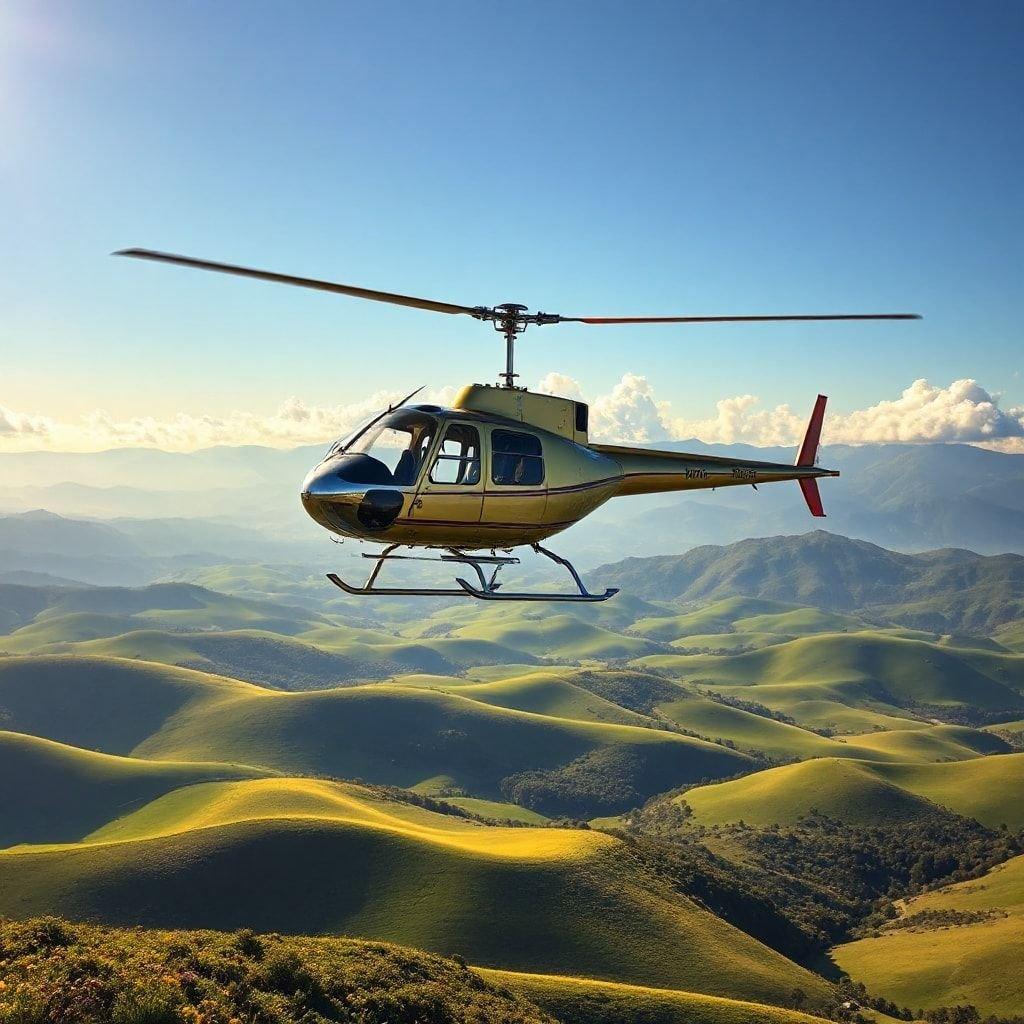 Soar over the breathtaking mountain landscape in a helicopter, ready to take off!