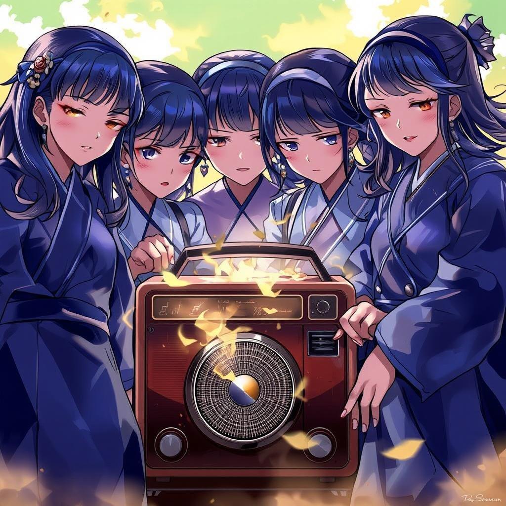 Anime illustration of four schoolgirls in traditional attire listening intently to their favorite tunes on a retro radio.