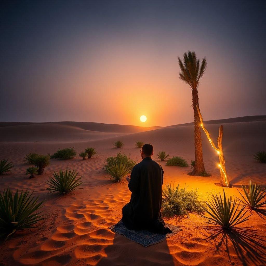 This stunning wallpaper captures the beauty of a desert sunset, with a man in prayer adding a sense of spirituality to the scene.