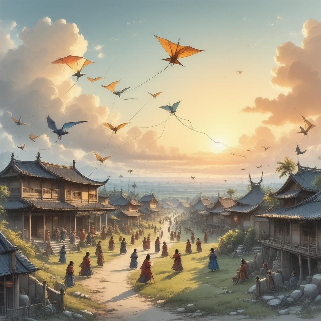 A group of kites soar through the sky above an ancient village, creating a sense of wonder and magic.