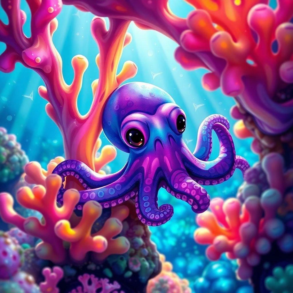 Adorable octopus amid vibrant coral, great for your desktop or phone wallpaper!