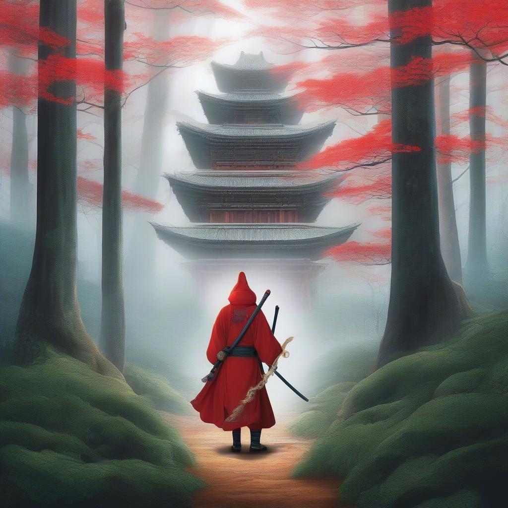 En digital illustration som fångar essensen av en modig ninja som reser genom en mystisk skog. Ninjan, insvept i en röd mantel och hatt, förkroppsligar andan av mod och beslutsamhet, även när den dimmiga skogen omger honom.