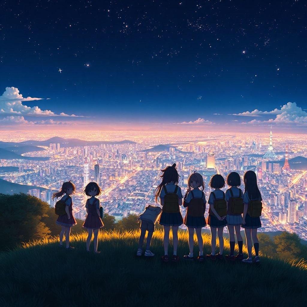 Un groupe de collégiennes sur une colline profitant de la vue imprenable sur Tokyo la nuit.