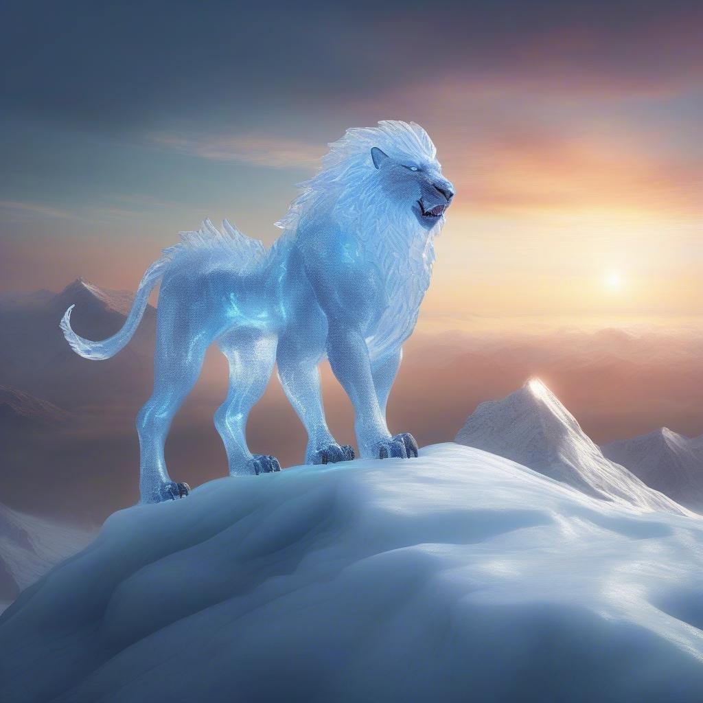 A majestic, ethereal lion stands atop a snow-covered mountain, its fur shimmering with an otherworldly glow.