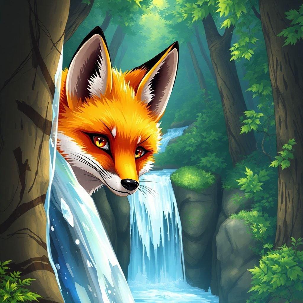 This stunning anime-style wallpaper features a vibrant orange and yellow fox peeking from behind a waterfall in a lush forest. The detailed illustration captures a moment of tranquility, inviting you to step into a world of fantasy and adventure.