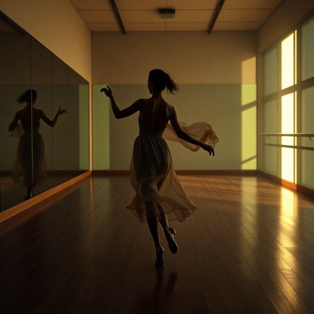 A dancer in a studio, catching her reflection in the mirror with a graceful pose. Fashionable dance attire suggests style and elegance amidst the art of movement.