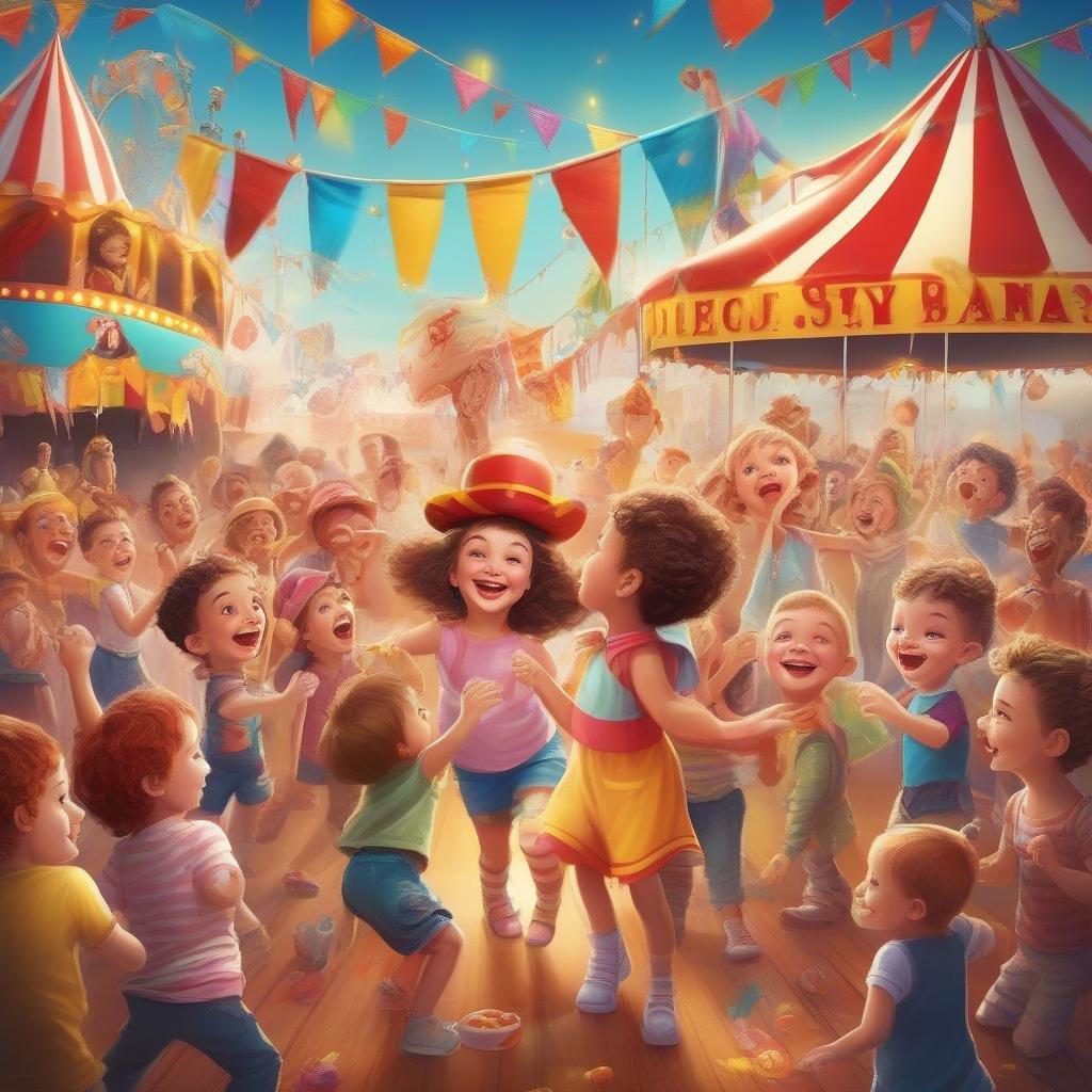 A lively scene at a carnival, with children happily dancing and the atmosphere filled with excitement. A magical day for all!