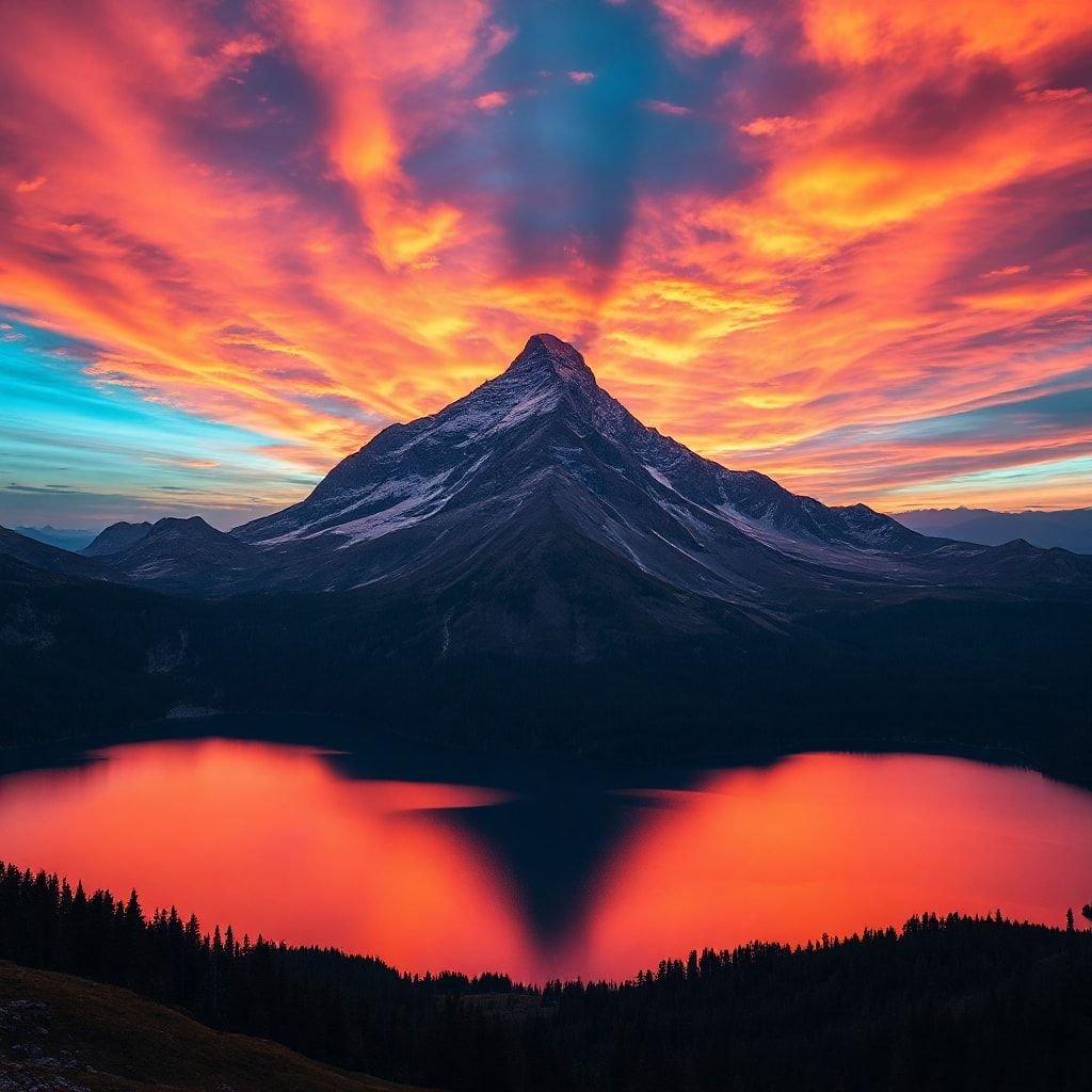 This stunning image captures the breathtaking beauty of a mountain sunset. The sky is ablaze with hues of orange, pink, and purple, reflecting off the calm waters below. The majestic mountain peak rises high into the sky, its rugged texture and snow-capped summit adding to the dramatic scenery. The image exudes a sense of tranquility and awe, inviting the viewer to step into the serene world of nature.