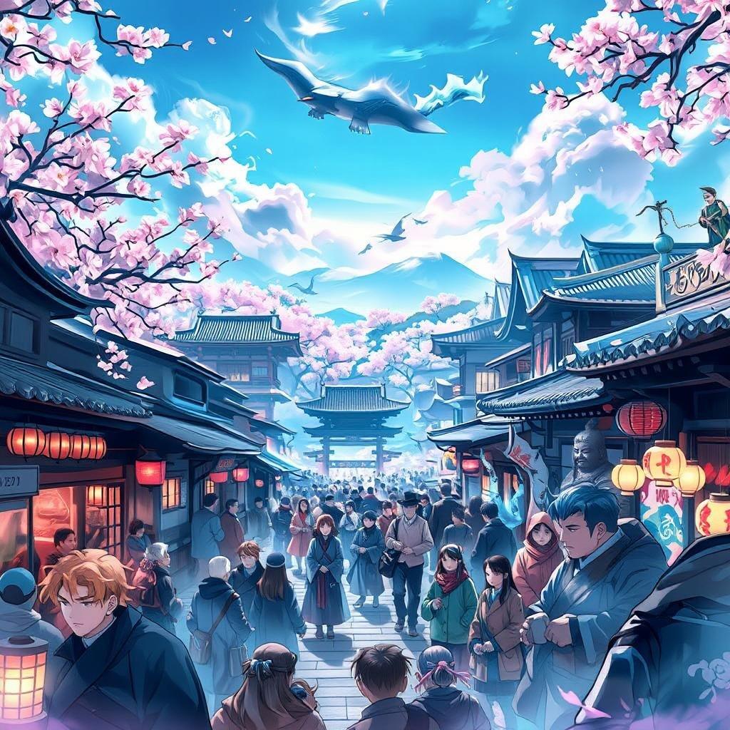 Experience the vibrant atmosphere of an anime city during the Cherry Blossom Festival, where traditional architecture meets modern charm.