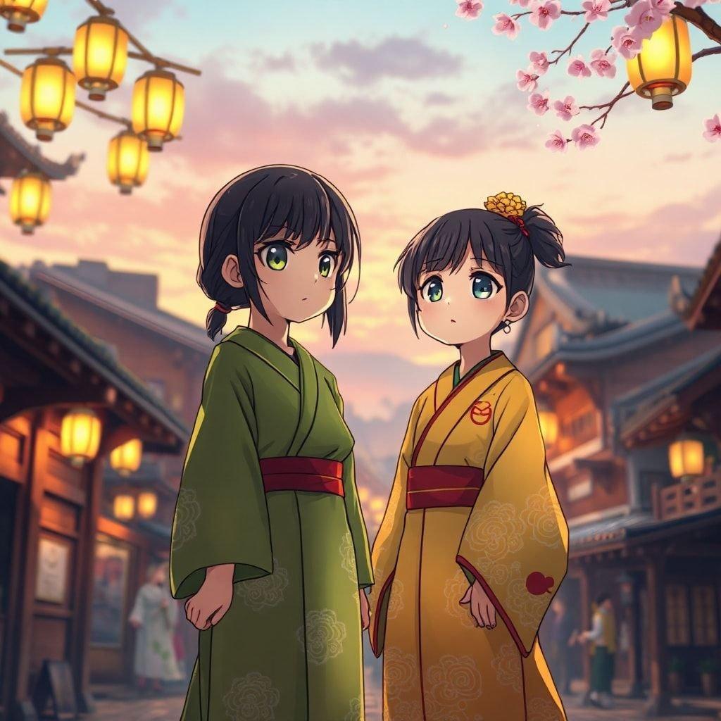 In this charming scene from an animated series, a young girl finds herself transported to feudal Japan. Dressed in vibrant green and yellow traditional clothing, she meets her modern day self on a quiet street, blurred with soft focus, hinting at the serene atmosphere of their encounter.