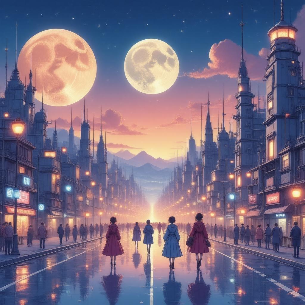 Tauchen Sie ein in eine Welt voller Fantasie und Abenteuer mit dieser atemberaubenden Anime-Illustration einer futuristischen Stadtlandschaft bei Dämmerung. Die lebendige, farbenfrohe Stadtlandschaft wird vom warmen Licht der Straßenlaternen erleuchtet, was eine Atmosphäre von Geheimnis und Intrige schafft. Charaktere in Anime-Kleidung gehen durch die Straßen und verstärken das Gefühl von Wunder und Aufregung.