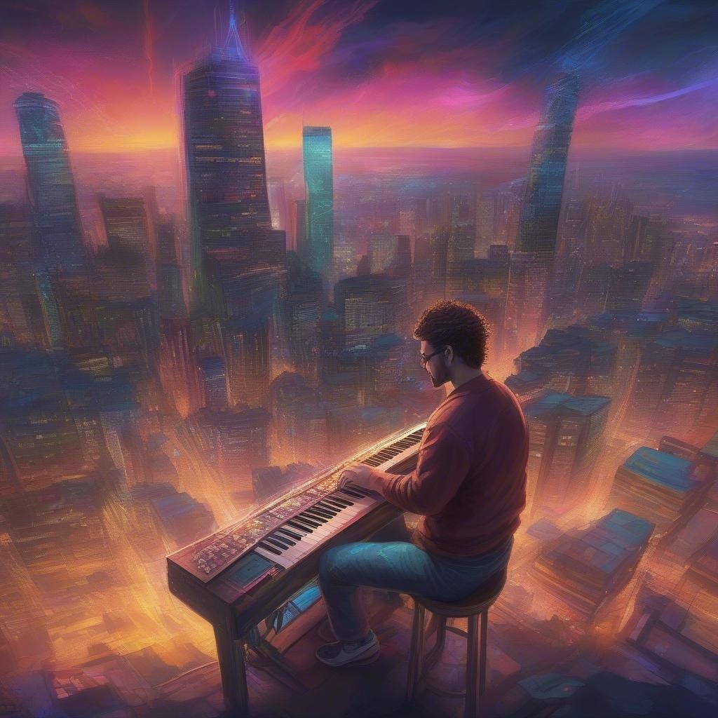 A serene and peaceful scene of a musician playing the piano, surrounded by lush greenery, with a beautiful sunset in the background, evoking a sense of calm and relaxation.