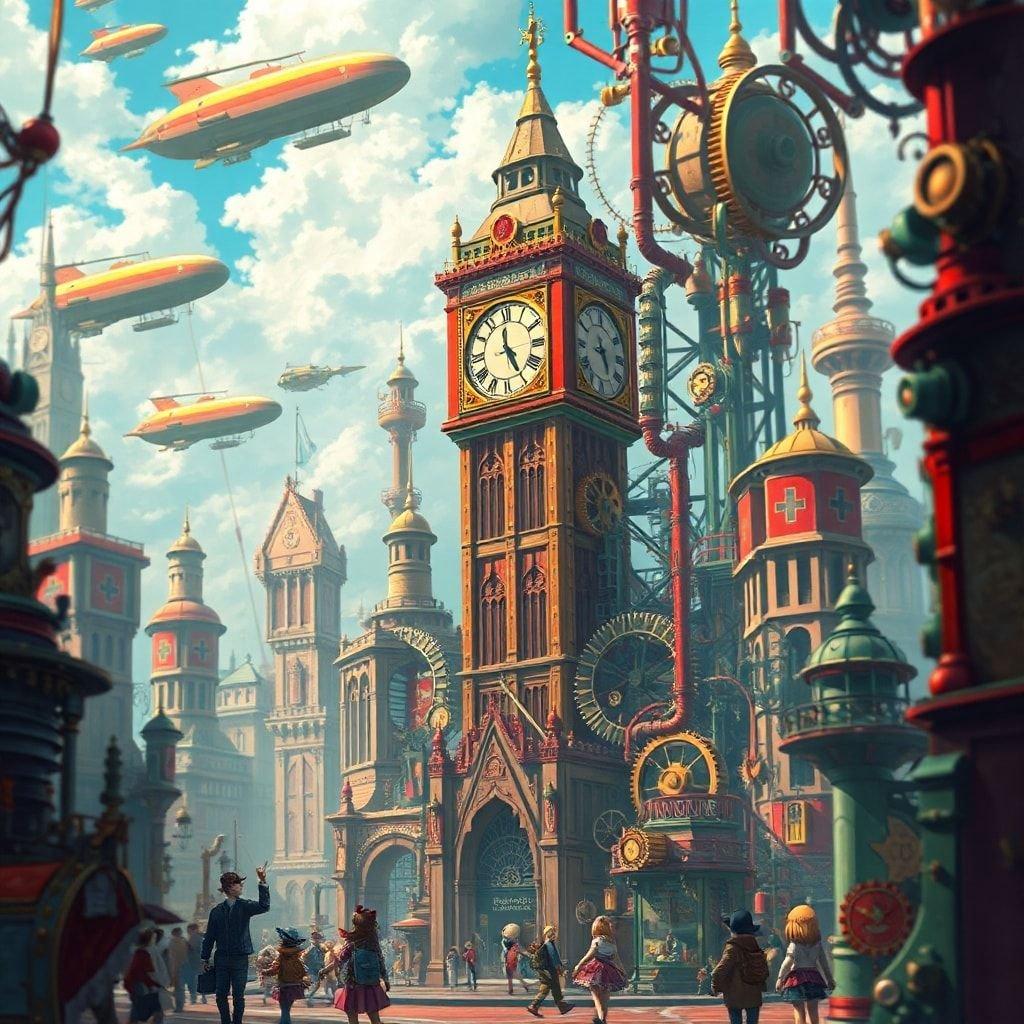 Plongez dans le monde vibrant du steampunk avec ce fond d'écran captivant, présentant une métropole animée avec des engrenages et des pièces mécaniques complexes, sur fond de véhicules steampunk et d'un sentiment de mouvement et de mystère.