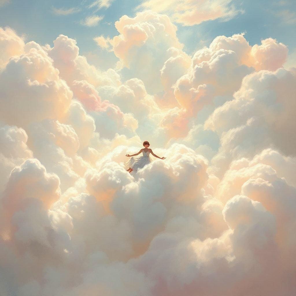 An uplifting digital art piece that transcends the ordinary, capturing a moment of ethereal beauty. A young girl is depicted soaring on the back of whimsical clouds, as if she's become one with the sky. This inspiring wallpaper would suit those who seek to keep a touch of wonder and serenity in their daily lives.