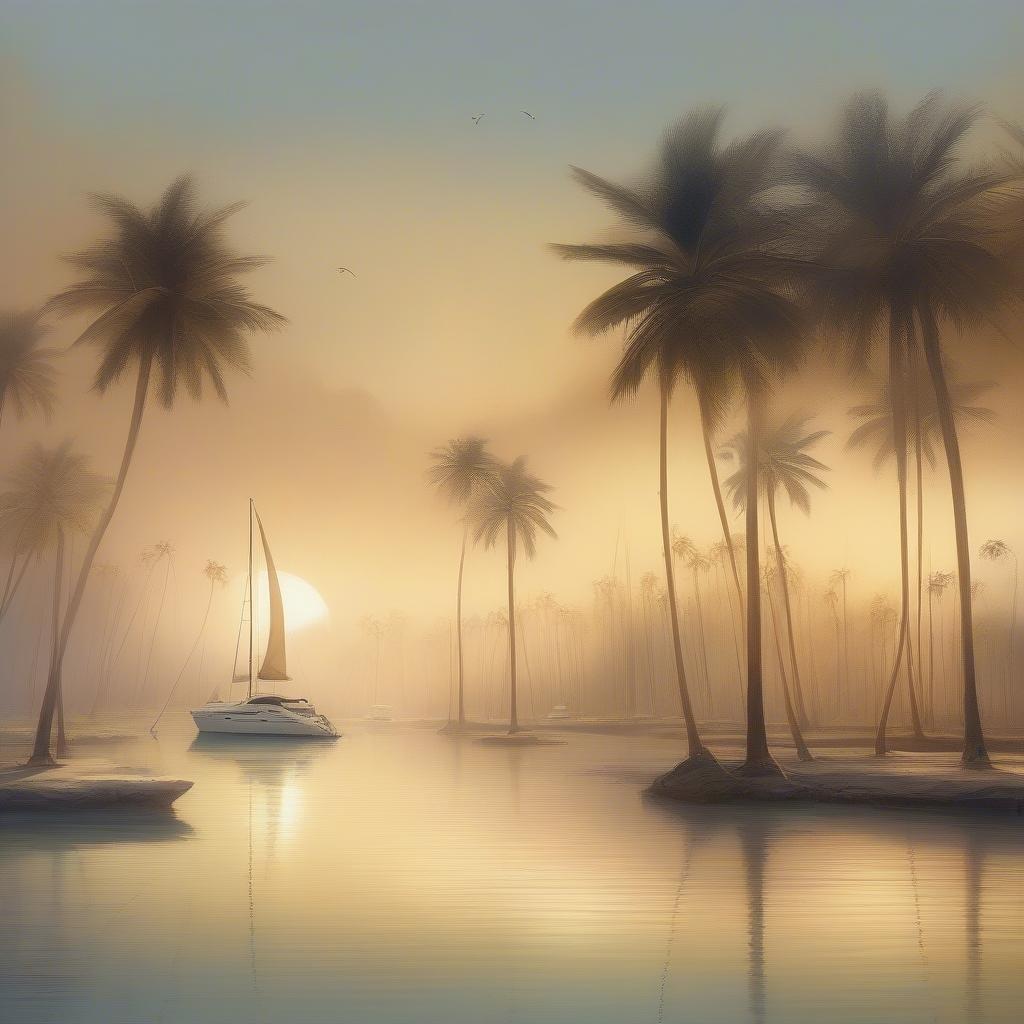 A sailboat glides effortlessly across the calm waters, as the sun sets behind the palm trees, casting a warm golden light over the entire scene.